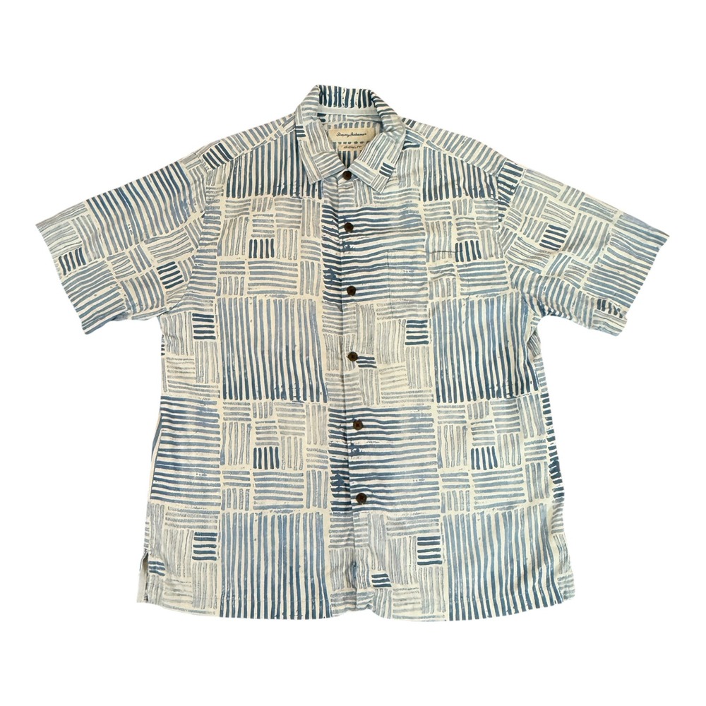 Tommy Bahama Silk Shirt Mens XL Blue White Geometric Block Print Cruise Vacation